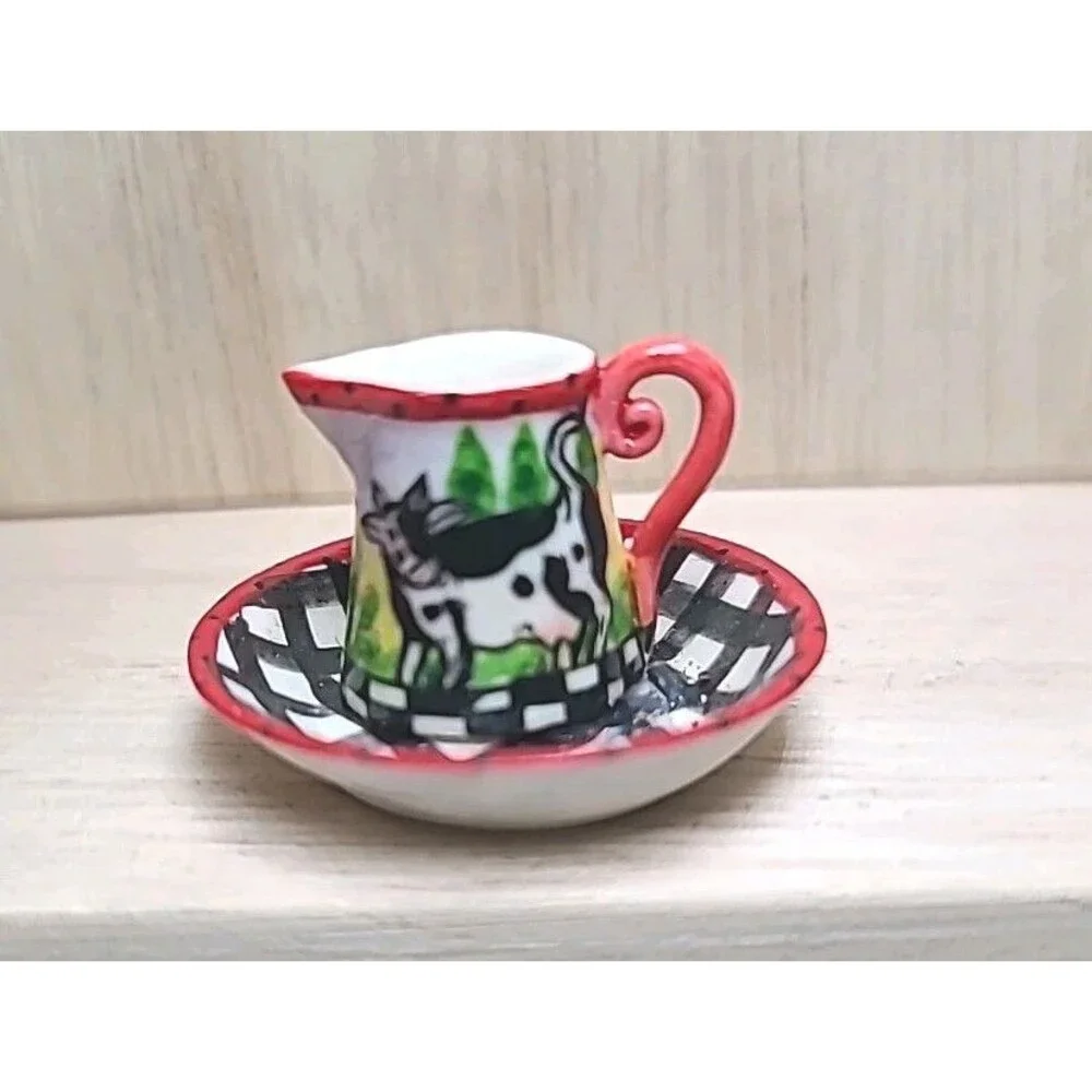 Vintage Miniature Cow Pitcher & Bowl Farmhouse Black White Checkered